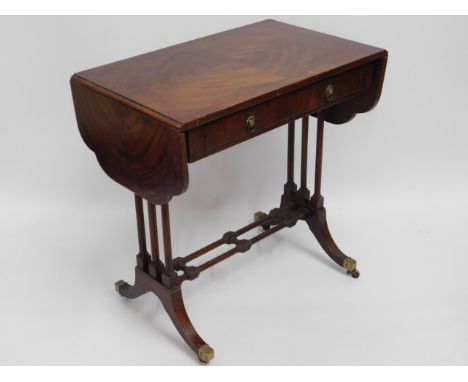 A mahogany drop leaf small sofa table with drawers, 41.5in wide extended x 15.75in deep x 26in high