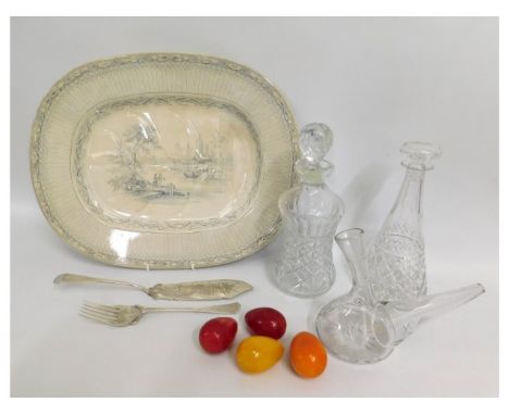 A 19thC. meat dish twinned with a 19thC. porron decanter, a plated fish knife &amp; fork serving set &amp; other items
