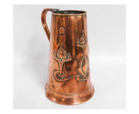 An art nouveau copper water jug, some light bumps &amp; lacking lid, 9.25in tall