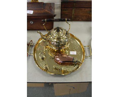 Arts and Crafts tray, tea pot, sovereign scales and weights, etc.