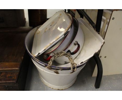 Two enamel baths, trays, etc.