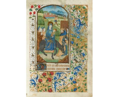 French School Probably 15th CenturyTwo leaves from a Book of Hours, one depicting The Flight into EgyptBoth illuminated manus