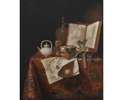 The Pseudo Roestraten (act. 1675-1724)Still life with a globe, books, teapot, antique medal, flask and skull on a table drape