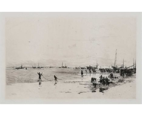 William Lionel Wyllie (1851-1931)Coastal landscape with fisherfolk hauling in the boatsSigned in pencil WL Wyllie (lower left