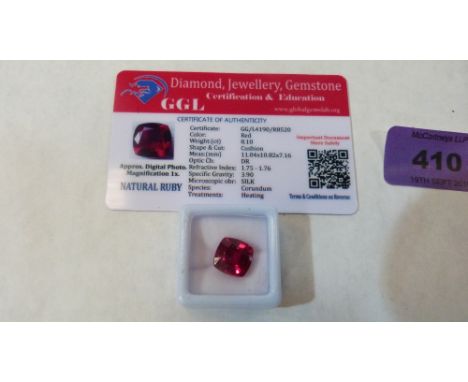 A cushion shaped ruby stone. 8.1 carats. Heat treated 