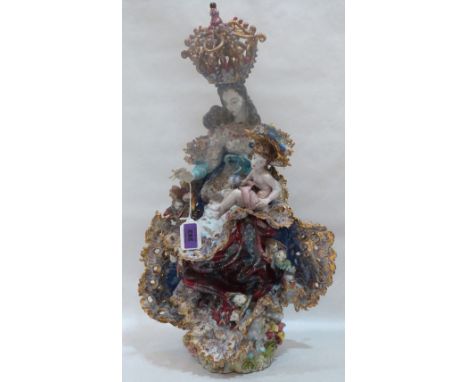 A continental Catholic ceramic group of the crowned madonna and Christ child. 22' high. Losses, repairs