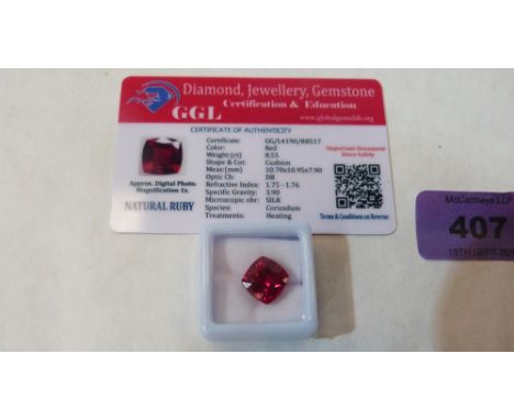 A cushion shaped ruby stone. 8.55 carats. Heat treated 