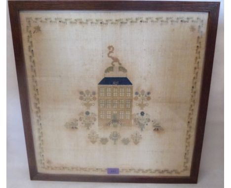 A 19th century Dutch needlework sampler depicting a house, urns of flowers and peafowl. Dated 1828. 20' x 20'