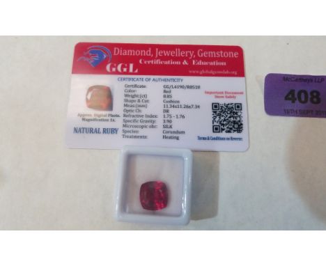 A cushion shaped ruby stone. 8.85 carats. Heat treated