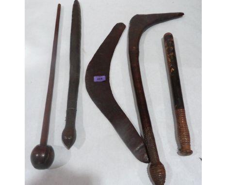 A boomerang; a knobkerry; a carved wood sword; a throwing stick and a truncheon