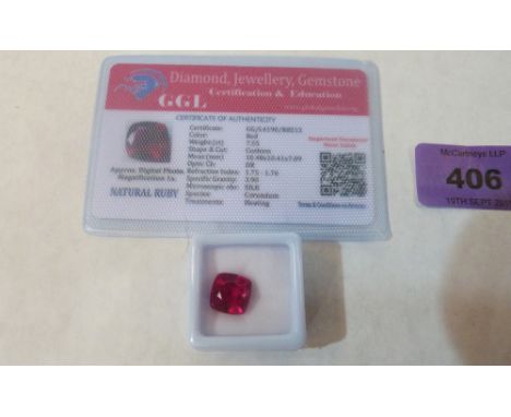 A cushion shaped ruby stone. 7.55 carats. Heat treated