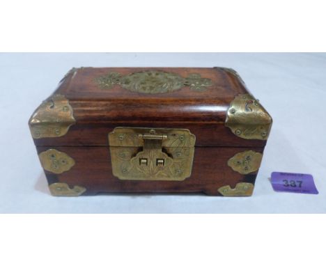 A treen brass mounted jewellery casket, the lid with inset carved jade roundal. 6½' wide
