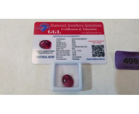 An oval shaped ruby stone. 8.8 carats. Heat treated