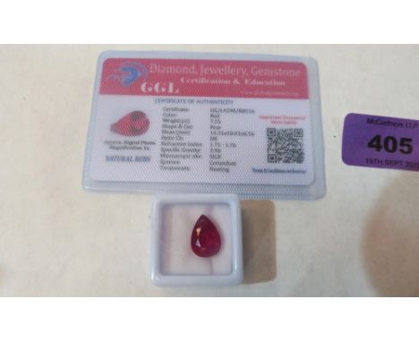 A pear shaped ruby stone 7.55 carats. Heat treated