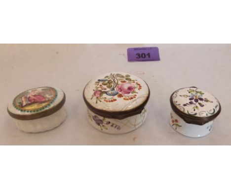 Three Staffordshire enamel patch boxes. c.1800