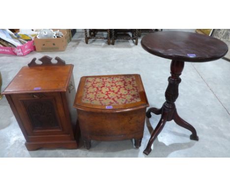 A Victorian coal purdonium, a walnut commode and a mahogany tripod table