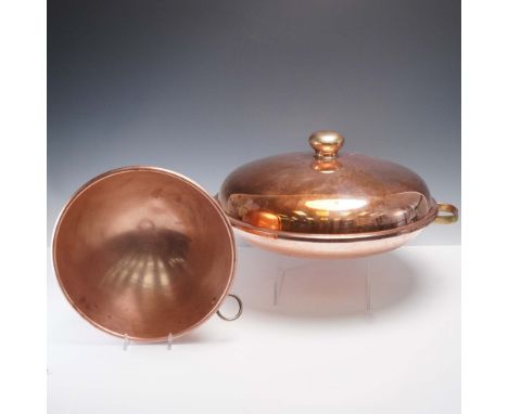Two-piece copper cookware set featuring one marked lidded saute pan by Spring Culinox and one unmarked round copper bowl. The