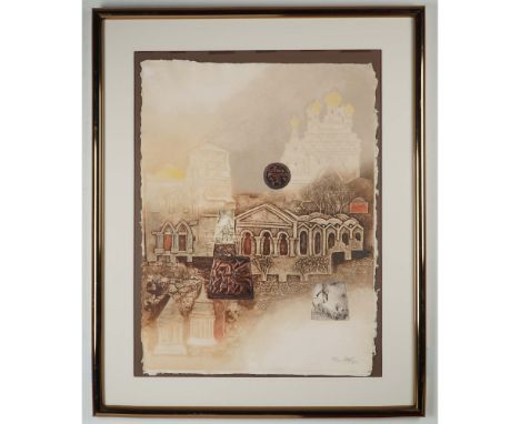 Mixed media intaglio print by Slovak-Israeli artist Mikulas Kravjansky, titled Jerusalem City of Gold Part II. This richly te
