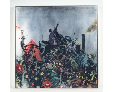Striking mixed media artwork on metal panel, featuring a layered and surreal urban allegory. The composition is dominated by 