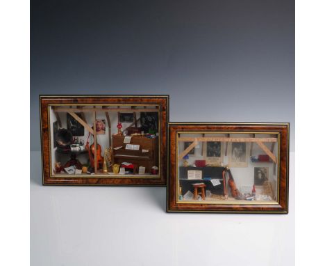 Two finely crafted miniature shadow boxes music room scenes enclosed in wood framed glass cases. Each diorama features a vari