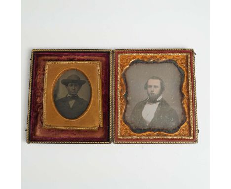 One frame houses an daguerreotype of a young man wearing a broad-brimmed hat and dark jacket, presented in a decorative gold-