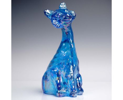 Vibrant and collectible Fenton Glass Alley Cat figurine in Robyns Egg Blue with an iridized finish. Standing approximately 11