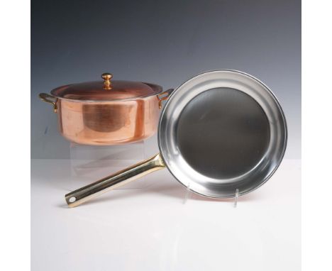 Two piece vintage Swiss copper cookware sets featuring a stainless steel lined copper lidded stock pot and  a matching copper