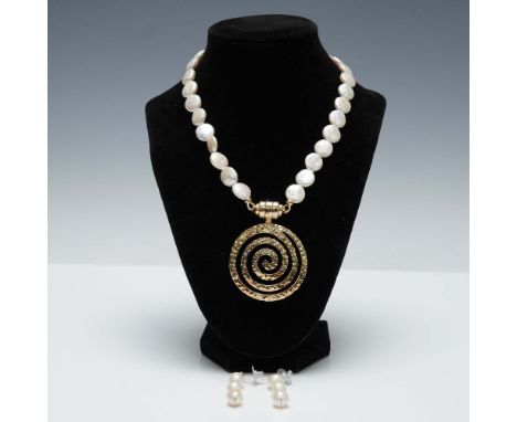 Three-piece jewelry set featuring a 17"L necklace strung with luminous flat pearls and a detachable hammered gold tone spiral