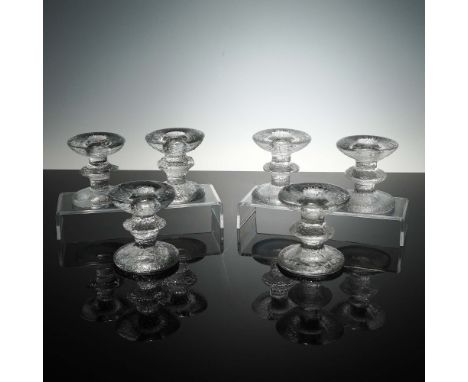 Set of six clear glass candleholders designed by Timo Sarpaneva for Iittala in the iconic Festivo pattern, known for its fros