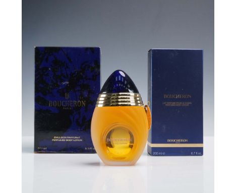 Three-piece Boucheron fragrance and body care set, all with original packaging. Includes two bottles of Boucheron perfumed bo