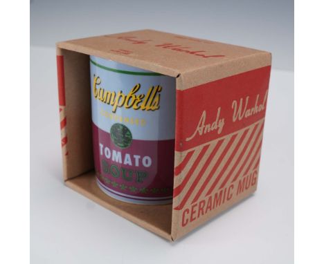 Colorful ceramic mug featuring Andy Warhol's iconic Campbell's Tomato Soup can design, produced by Galison under license from