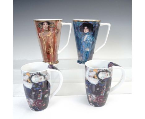 Set of four porcelain mugs featuring the artwork of Gustav Klimt, including two tall Artis Orbis mugs by Goebel titled Medizi