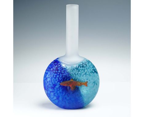 Contemporary studio art glass vase featuring a vivid underwater palette in swirling cobalt and aqua hues. The flattened round