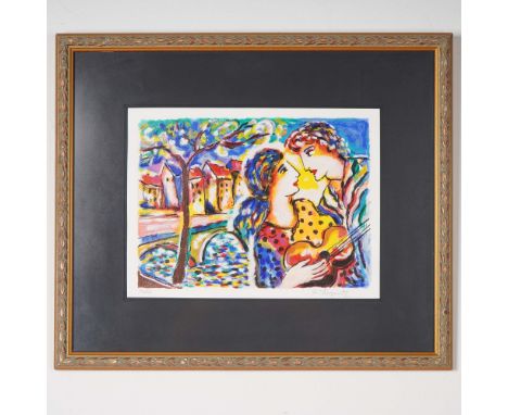 Vivid and expressive serigraph on paper by Zamy Steynovitz titled Passionate Gaze, created in 1998. This limited edition prin