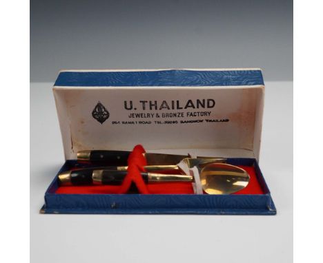 Vintage three-piece dessert cutlery set from U. Thailand Jewelry &amp; Bronze Factory, Bangkok. The set includes a knife, for