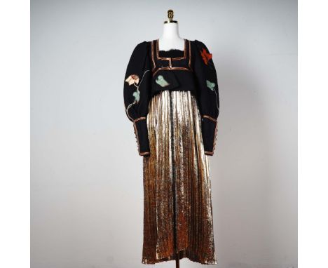Striking evening ensemble by iconic American designer Geoffrey Beene, featuring a structured black bodice with puffed sleeves