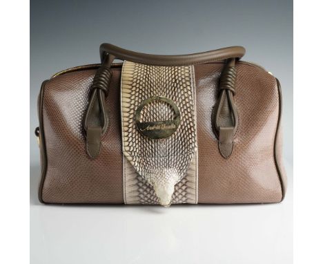 Andrea Basilis structured handbag crafted in rich brown textured leather with an exotic snakeskin center panel. The bold cent