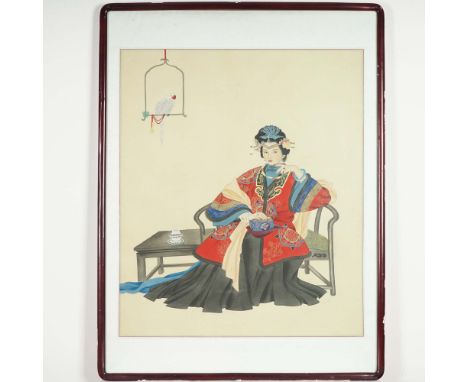 A refined Chinese watercolor and ink painting on silk applied to board featuring a seated noblewoman in traditional Qing Dyna
