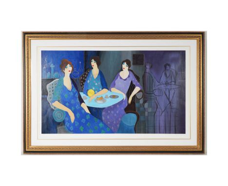 Itzchak Tarkay's Tranquil Cafe is a vibrant serigraph in color on woven paper, portraying three elegantly dressed women seate