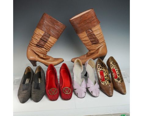 Assorted 5 pair lot of designer women's shoes including Valentino red pumps, Charles Jourdan lavender heels, Pancaldi Italian