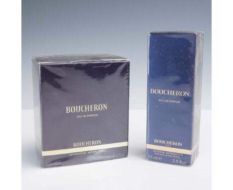 Pair of sealed Boucheron Eau de Parfum bottles, presented in their original packaging. Known for its luxurious and sophistica