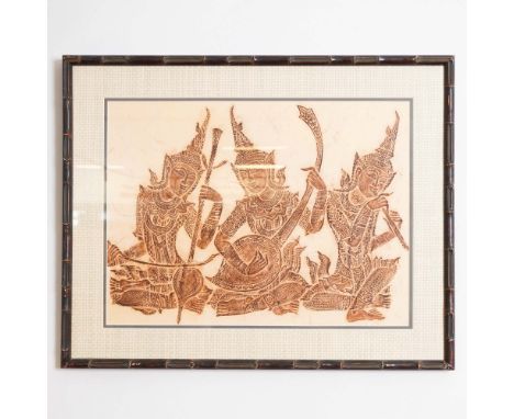 A finely detailed Thai Temple brown rubbing artwork depicting three celestial musicians, intricately rendered in a traditiona
