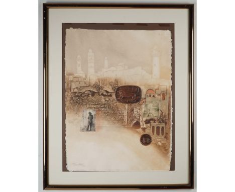 Mixed media print by Mikulas Kravjansky (Czech, b. 1928), titled Jerusalem City of Gold Part III. This richly textured and at