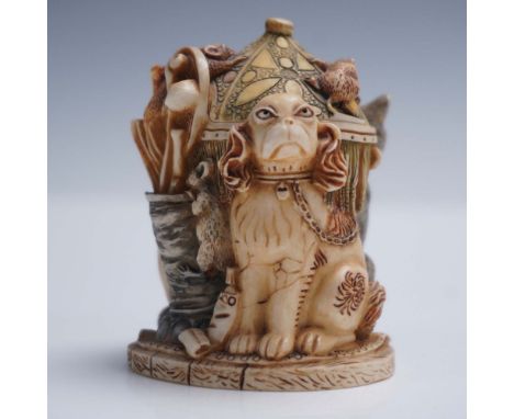 This collectible piece is hand-crafted from a blend of crushed marble and resin. The outer sculpture depicts a richly detaile