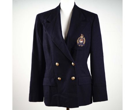 Timelessly tailored Ralph Lauren women's blazer in classic navy wool, featuring traditional gold-tone shield buttons and the 