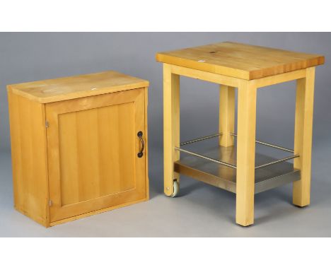 A beech &amp; stainless-steel rectangular butcher’s block on square legs with castors 65cm wide x 76cm high x 50cm deep; &amp