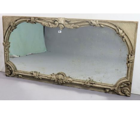 A light grey painted wooden frame overmantel mirror with a raised foliate border, 153cm x 76cm.