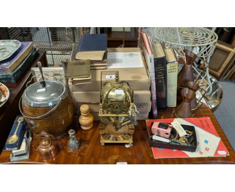 A reproduction brass bracket clock; a Gem stamp album &amp; contents; an oak biscuit barrel; &amp; sundry other items.