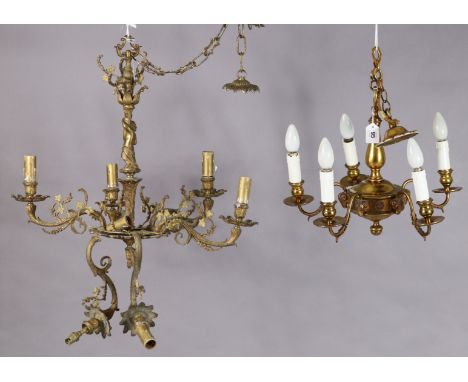 A continental-style gilt ormolu five-branch ceiling light fitting with a figure centre column &amp; having five scroll-arms, 