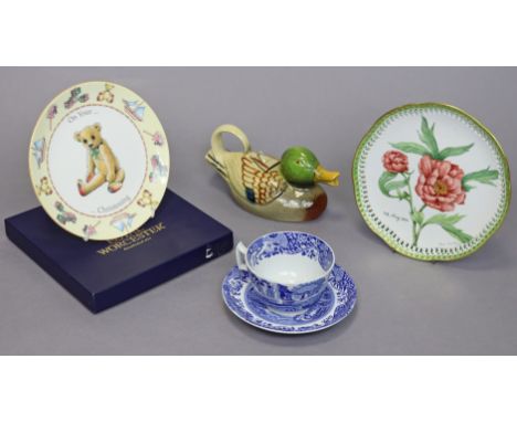 A Spodes blue &amp; white “Italian” large teacup &amp; saucer; a Royal Worcester “On Your Christening” collector’s plate, box